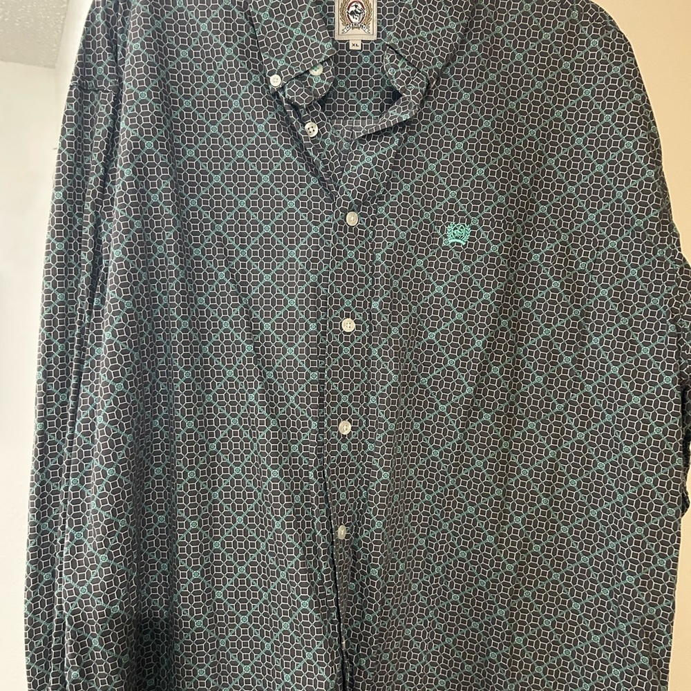 Cinch Men's Black and Green Geometric Shirt